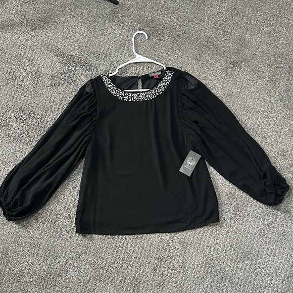Vince Camuto Tops - *NWT* Vince Camuto Pearl Beaded Collar Black Blouse Sheer Sleeve- Women's SMALL